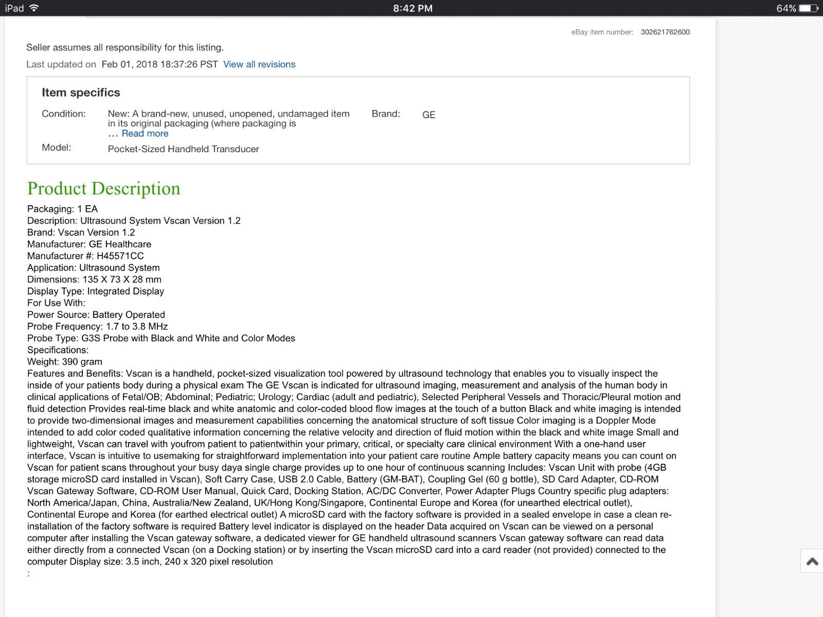 GE Vscan Ultrasound System Vscan Version 1.2 (1 EA) (GE Healthcare H45571CC) DIAGNOSTIC ULTRASOUND MACHINES FOR SALE