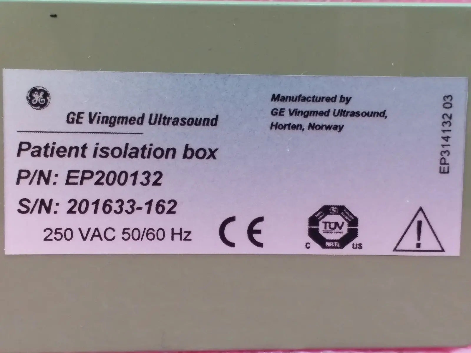 GE Vingmed Ultrasound Patient Isolation Box EP200132 250 VAC 50/60 Hz DIAGNOSTIC ULTRASOUND MACHINES FOR SALE
