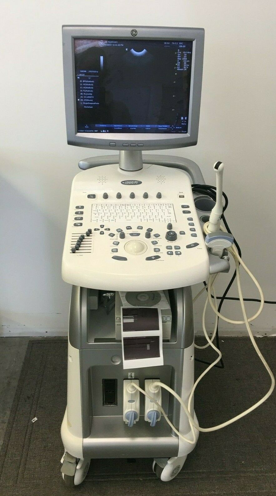 GE LOGIQ P3 Ultrasound R1.0.4 W/2 Probes 4C 2401359 E8C 2297883 Sony Printer DIAGNOSTIC ULTRASOUND MACHINES FOR SALE