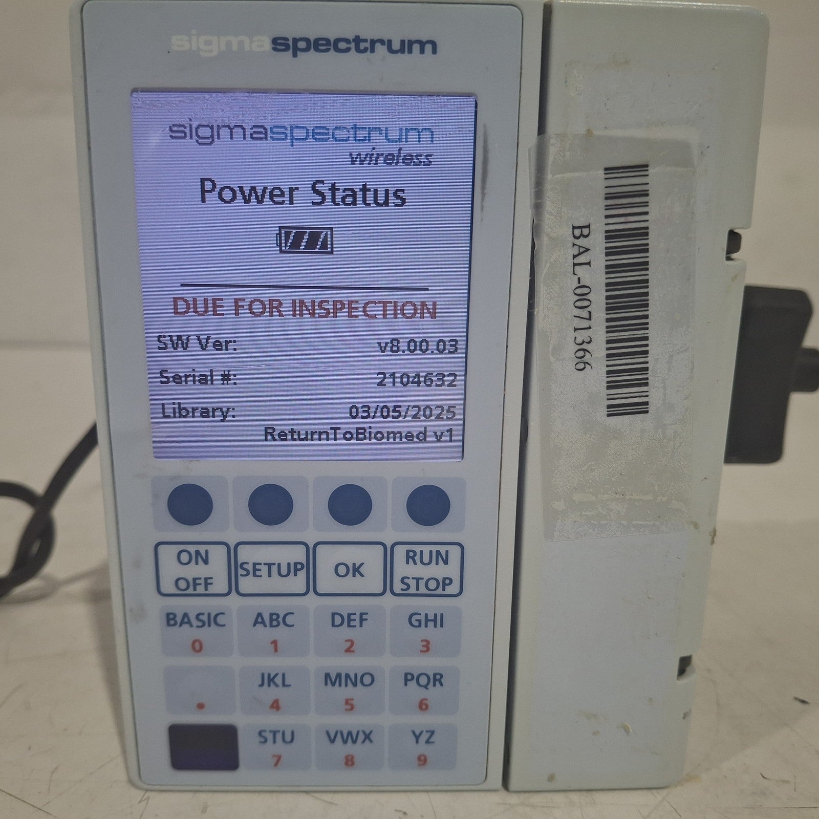 Baxter Sigma Spectrum 8.00.03 w/o Battery Infusion Pump