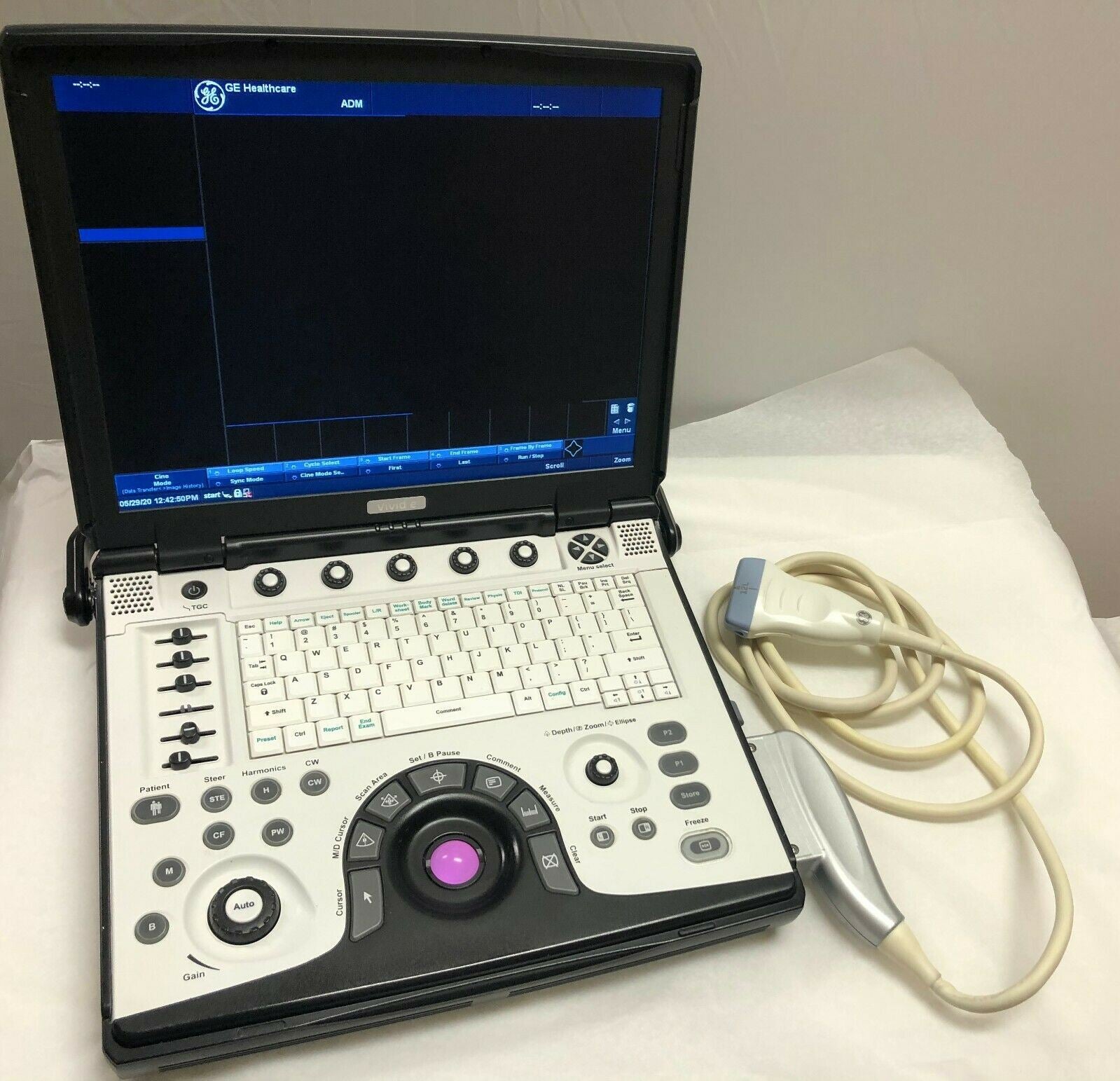 GE Vivid E Color Doppler Ultrasound Scanner, CW Two probes Cardiac and Linear DIAGNOSTIC ULTRASOUND MACHINES FOR SALE