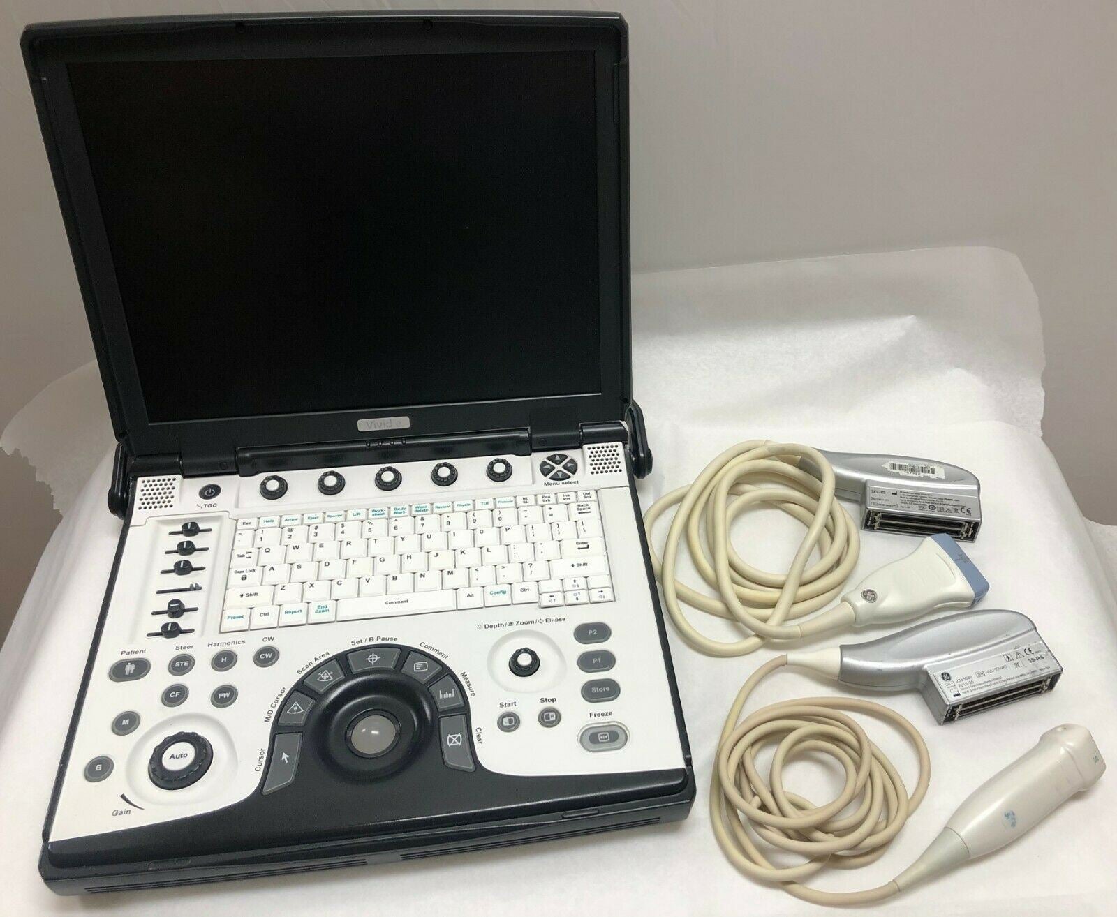 GE Vivid E Color Doppler Ultrasound Scanner, CW Two probes Cardiac and Linear DIAGNOSTIC ULTRASOUND MACHINES FOR SALE