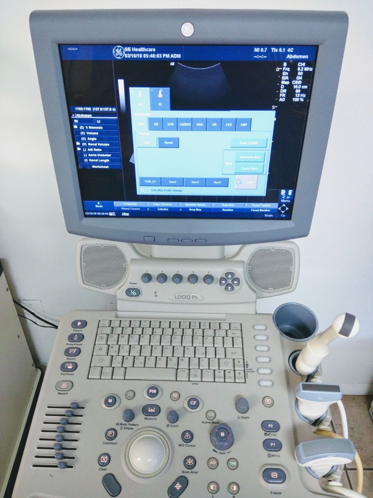 GE LOGIQ P5 2007 ULTRASOUND SYSTEM W/3 PROBES 4C CONVEX & 9L LINEAR & E8C TRANSV DIAGNOSTIC ULTRASOUND MACHINES FOR SALE